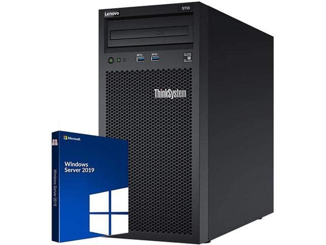 Lenovo ThinkSystem ST50 Tower Server Bundle Including Windows Server 2019, Intel Xeon 3.4GHz CPU, 64GB DDR4 2666MHz RAM, 12TB HDD Storage, JBOD RAID