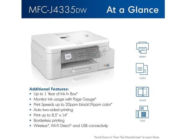 Brother MFC-J4335DW INKvestment Tank All-in-One Color Inkjet Printer, Print Scan Copy Fax, Auto 2-Sided Printing, Wireless Printing, 4800 x 1200 dpi, White – Bundle with JAWFOAL Printer Cable - ảnh 3