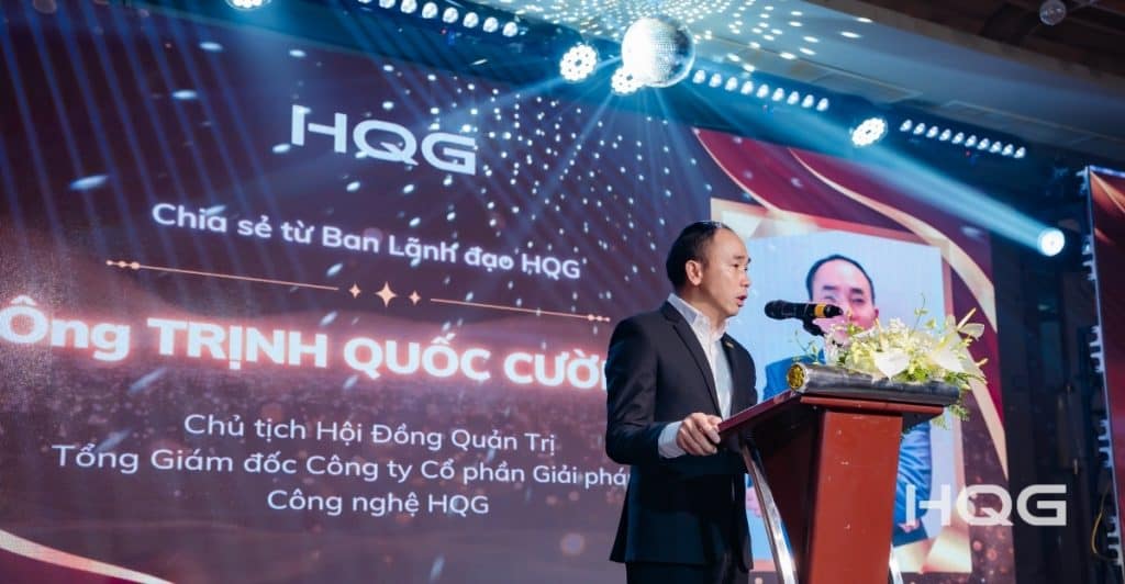 Ông Trịnh Quốc Cường - Chủ tịch Hội đồng Quản trị kiêm Tổng Giám đốc HQG phát biểu tại lễ kỷ niệm 15 năm thành lập Công ty HQG