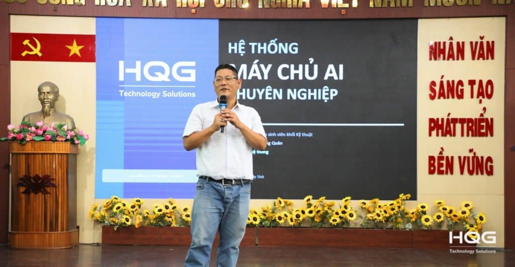 Ông Trần Trọng Quân trình bày, giới thiệu về hệ thống máy chủ AI trong thực tiễn